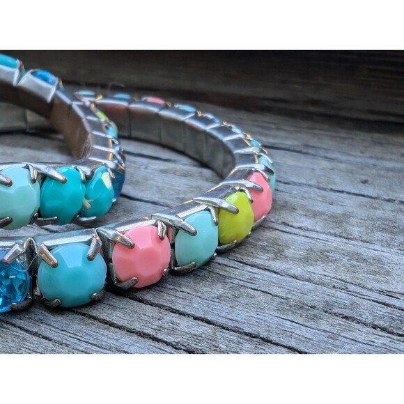 Vintage Rhinestone Stretch Bracelet, 80s Pastel Bracelet Set - Picture 10 of 10